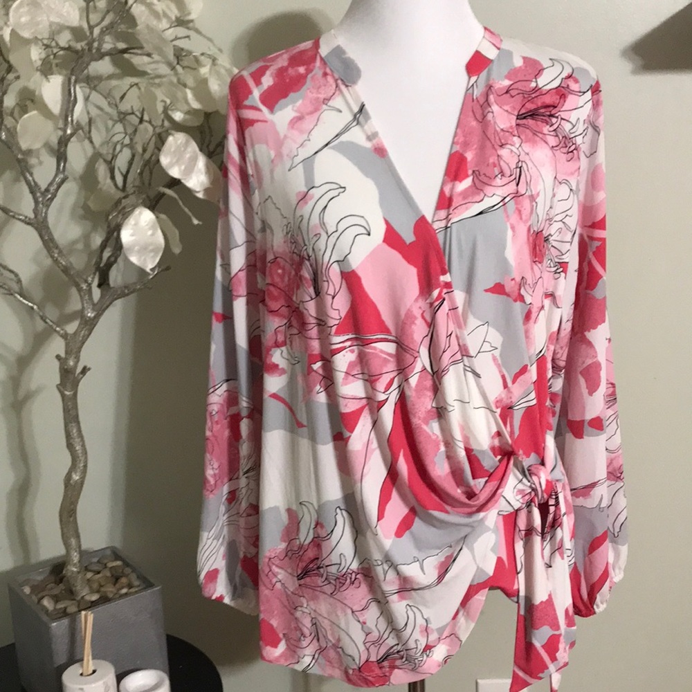 The Limited Pink, Gray & White Floral Wrap Blouse